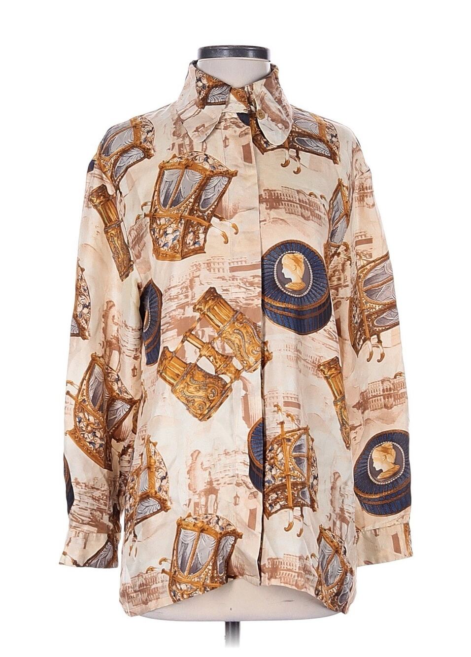 VTG Dino Valiano Printed Royal Greek Button Down Shirt Cream 36
